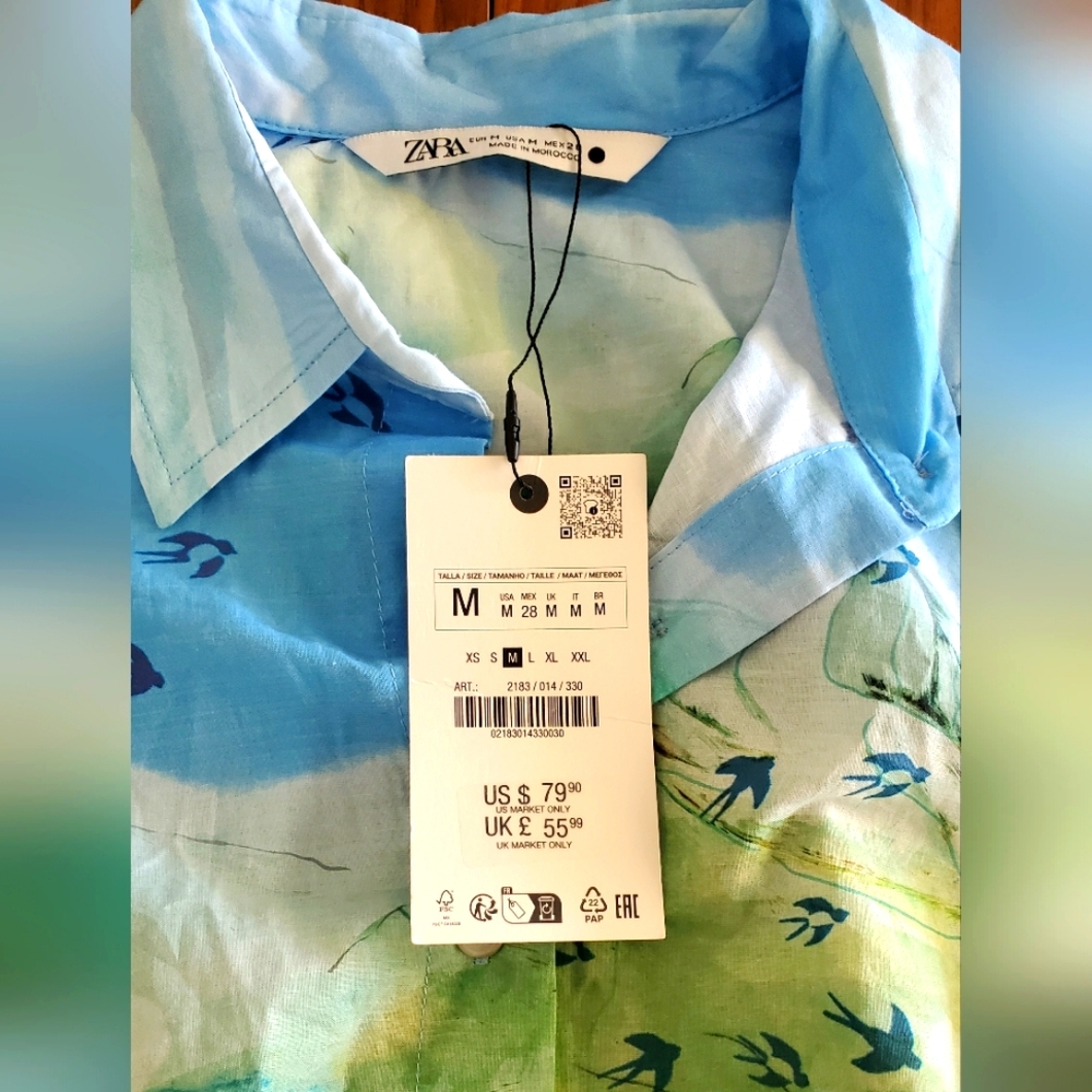 Zara Japanese Nature Watercolor Bird Print belted Midi Shirt Dress NWT 2183/014 - Picture 4 of 11